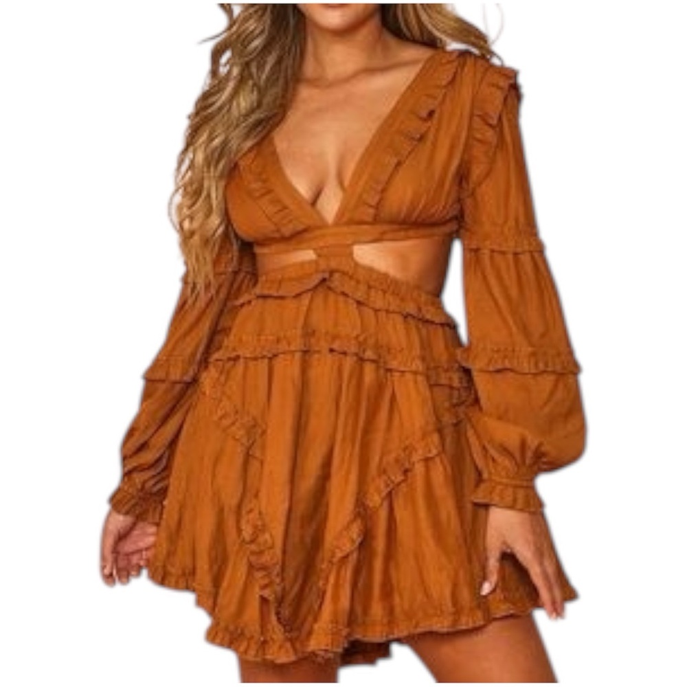 PEACH LOVE California Open Lace Back Ruffle Trim Vneck Bubble Sleeve Dress Small